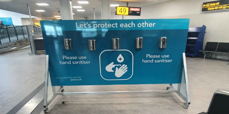 Sanitisation stations are available throughout Gatwick